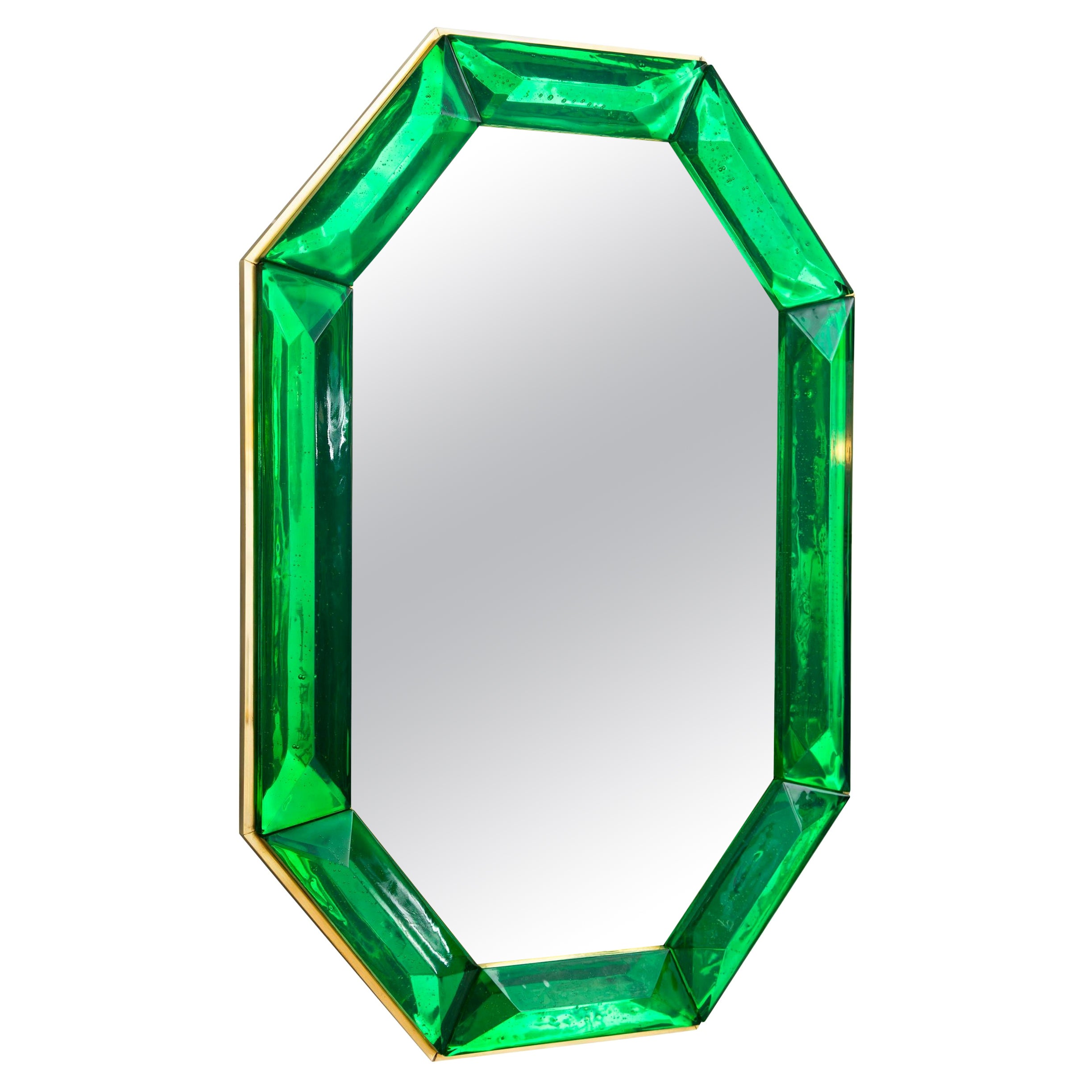 Bespoke Octagonal Emerald Green Murano Glass Mirror, in Stock For Sale