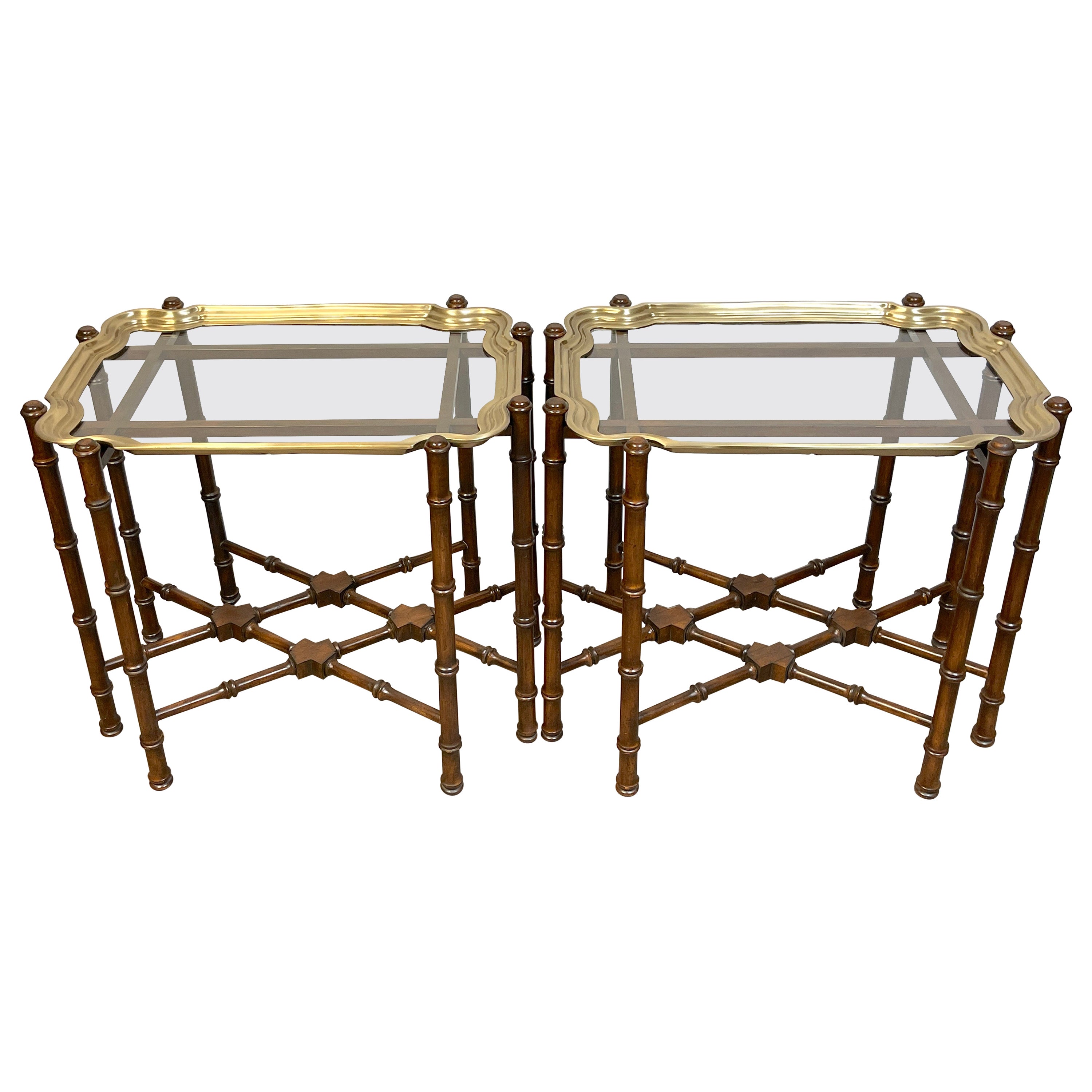Pair of Brass & Mahogany Campaign Style Coffee Tables or End Tables For Sale
