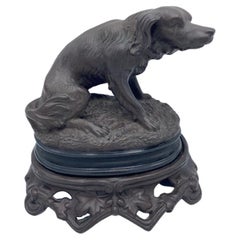 Antique Late 19th Century Sculpted Terracotta Dog Sitting Atop Enclosed Glass Inkwells