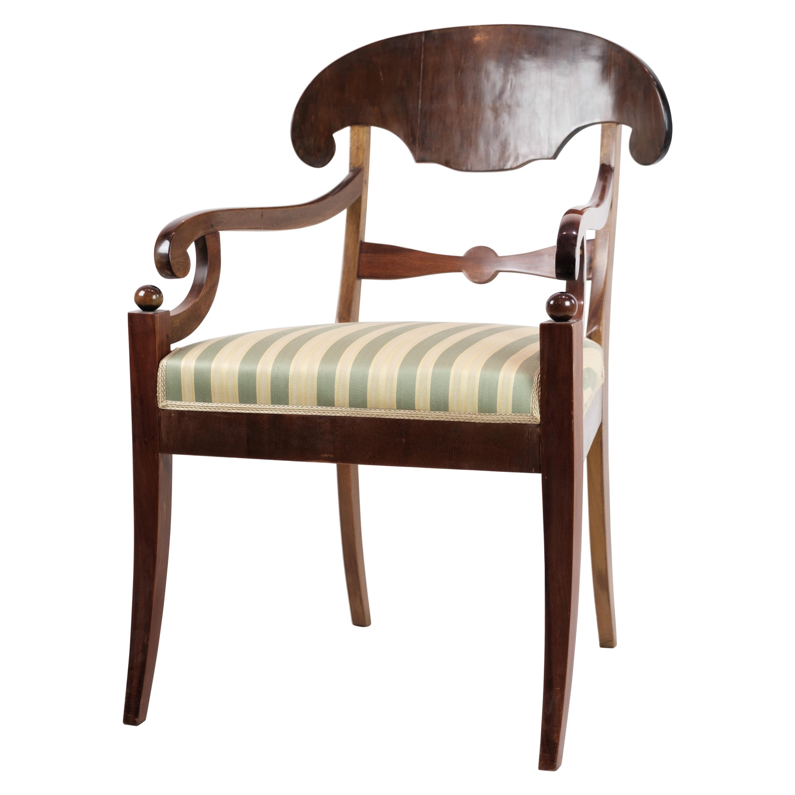 Late Empire Armchair Made In Mahogany With Light Striped Fabric From 1840s For Sale