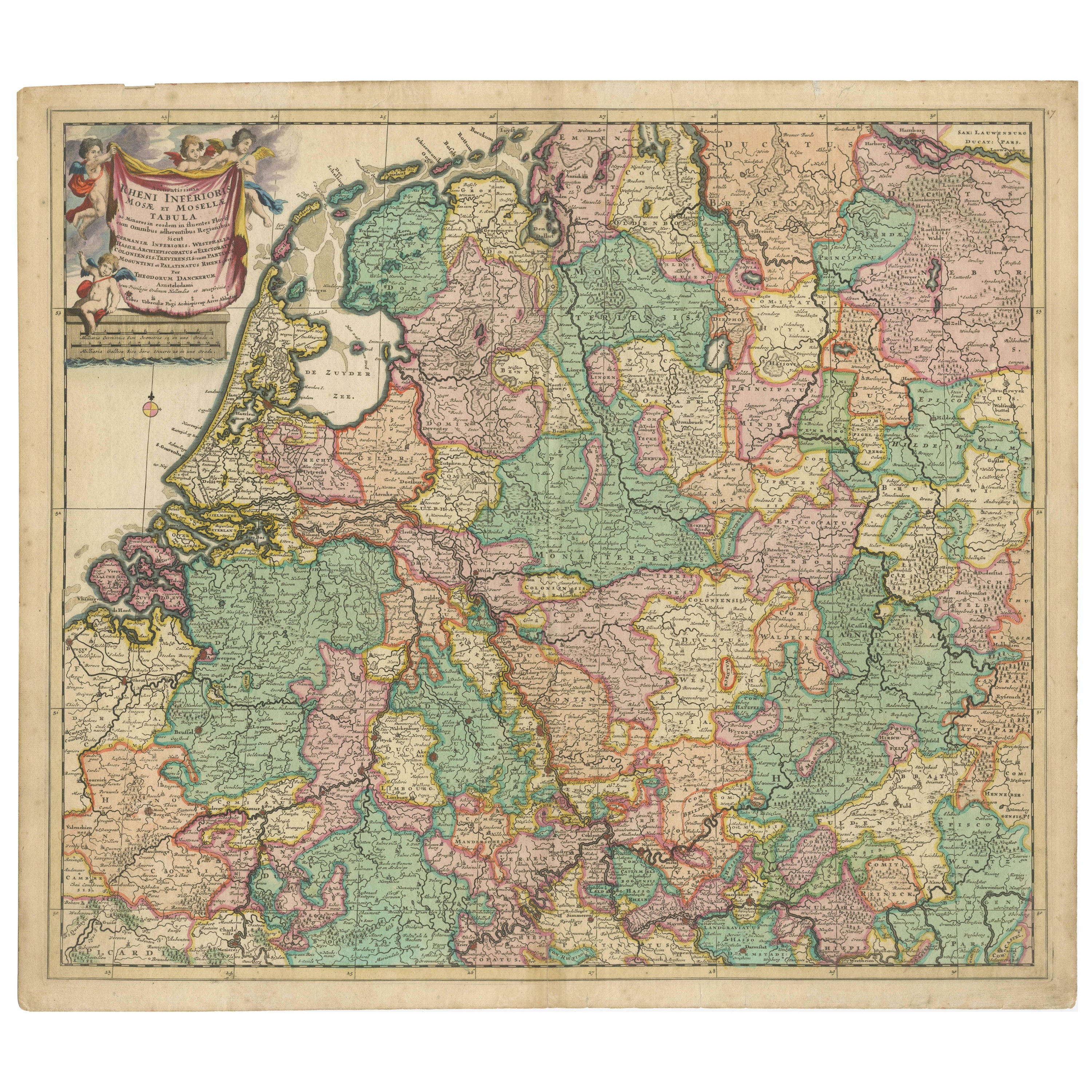 Carte gravée du Rhin inférieur, Meuse, Moselle, Scheldt, Ems &amp; Weser, c.1700 en vente