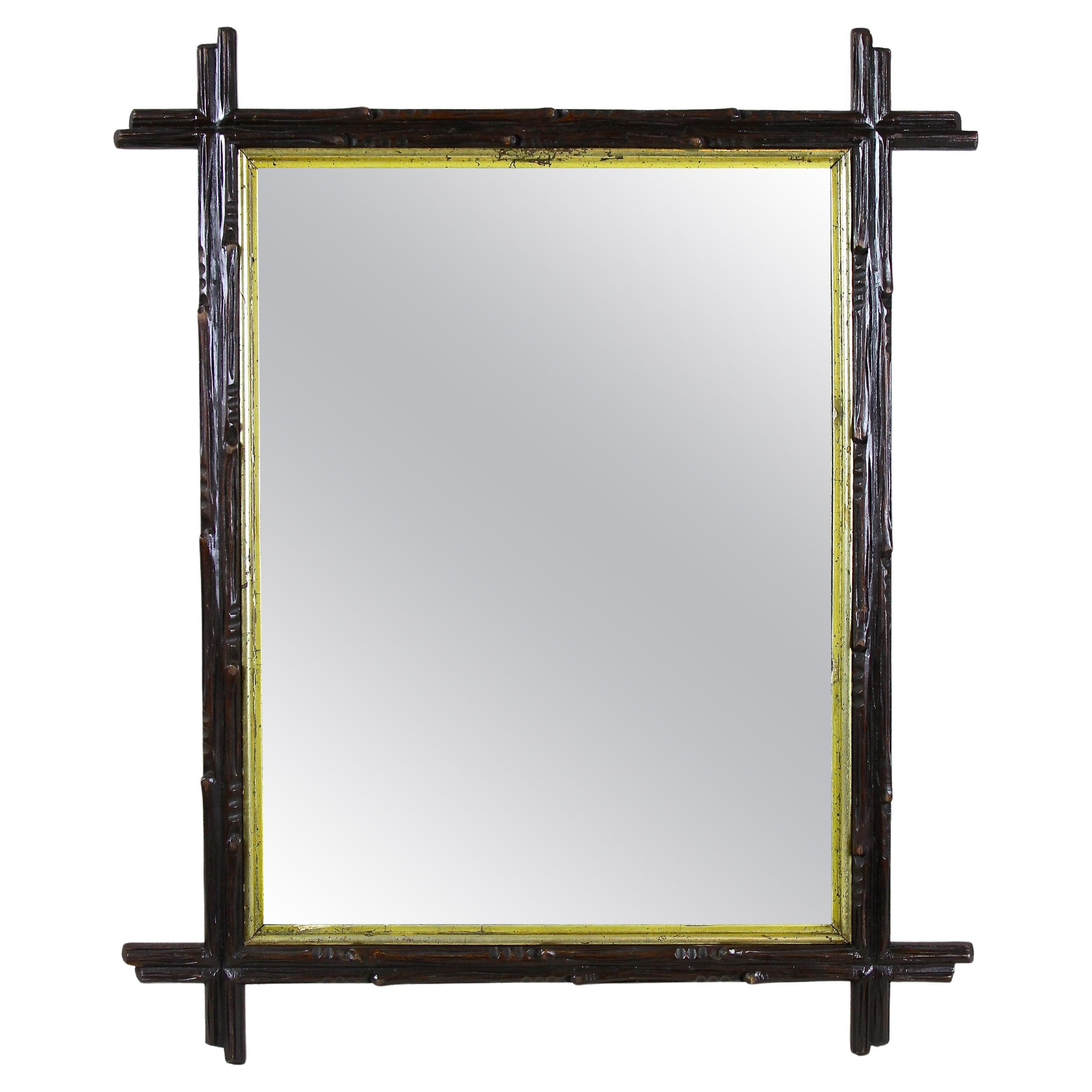 Rustic Black Forest Mirror with Gilt Inner Bar, Austria, circa 1880 For Sale