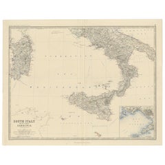 Antique Map of Southern Italy inlcluding Sardinia and Inset of the Bay of Naples, c.1860