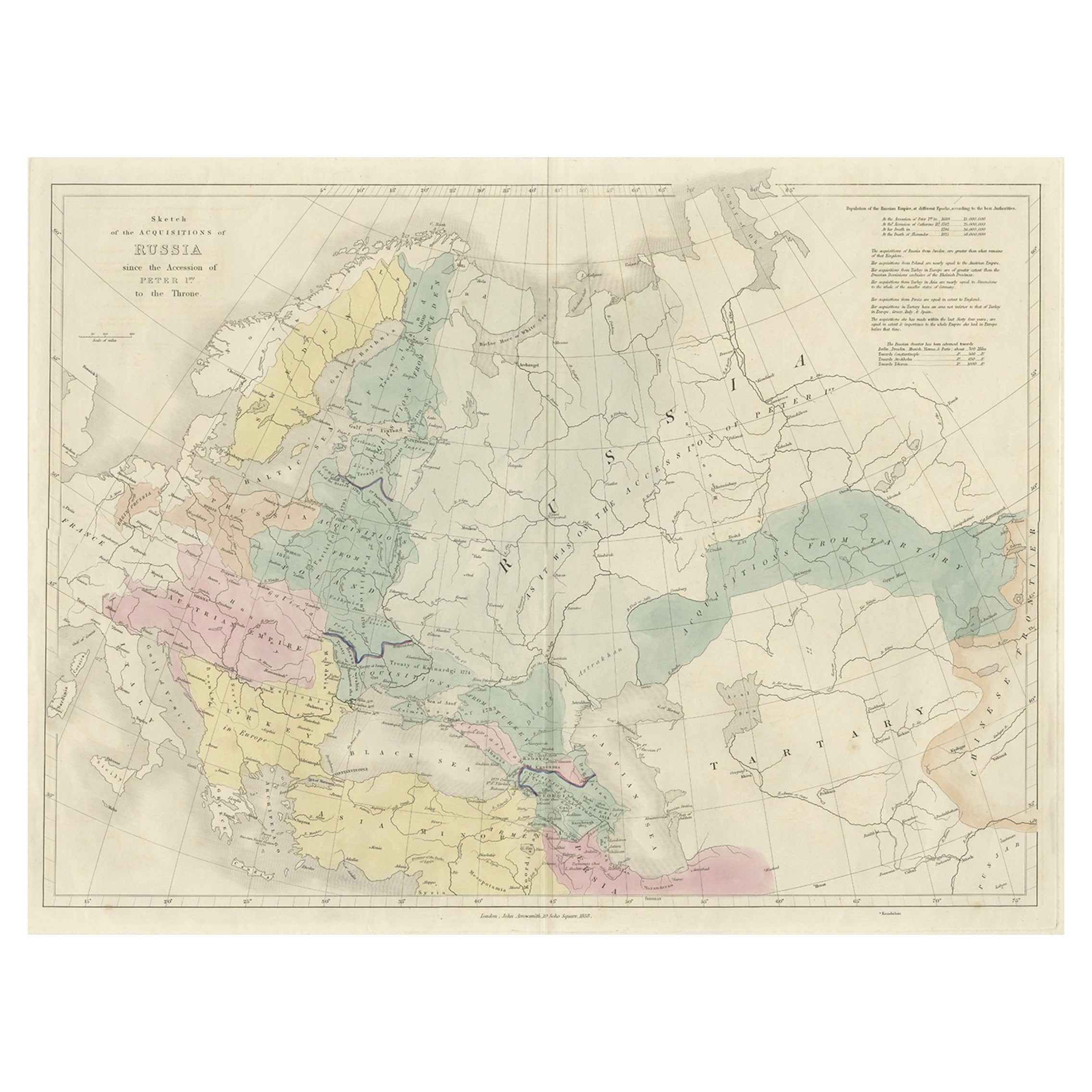 Historical Antique Map of Russia, Examining the History of Russia, 1838 For Sale