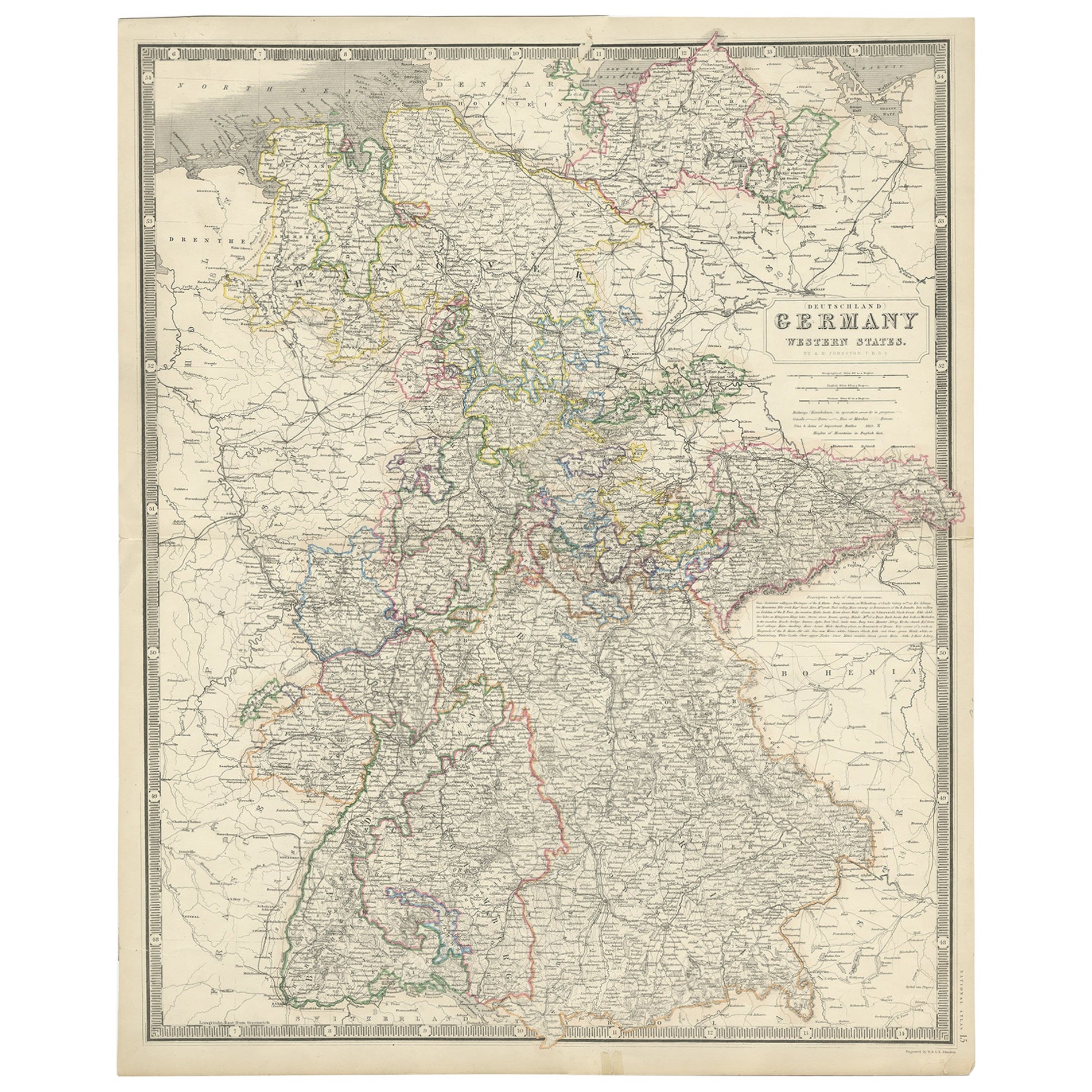 Map of West Germany Incl Regions Wurtemberg, Bavaria, Hanover, Etc, c.1850 For Sale