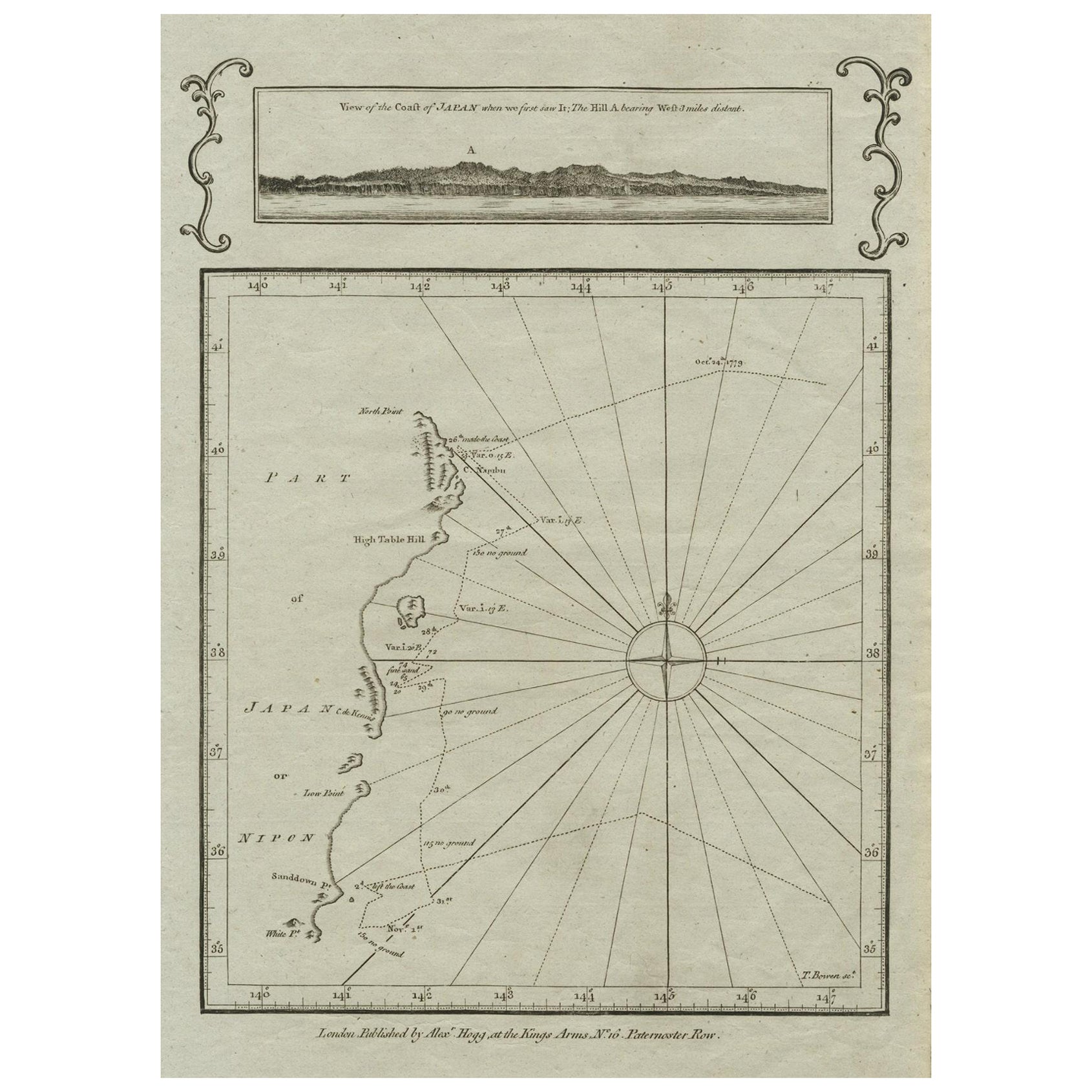 Ancienne carte de la côte est de l'Honshu avec un encadrement, Japon, vers 1785