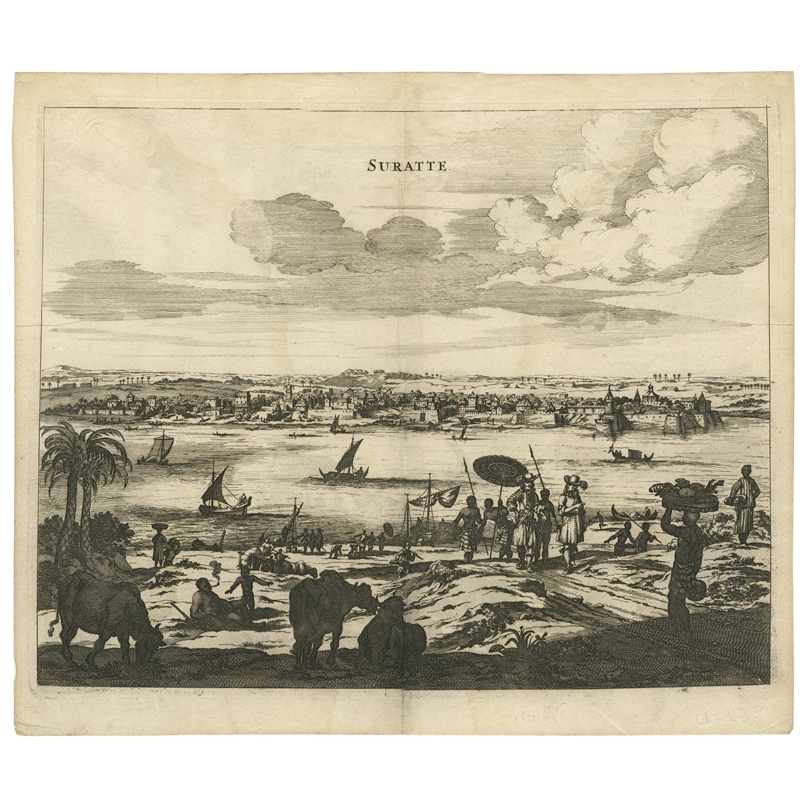 Gravure originale en cuivre de la ville indienne de Suratte « Saturat », 1672