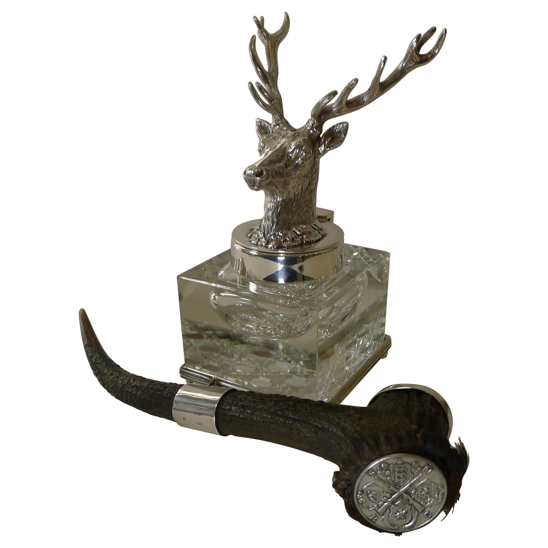 Cut Glass & Silver Plate Stag Inkwell c.1901, Society Miniature Rifle Club