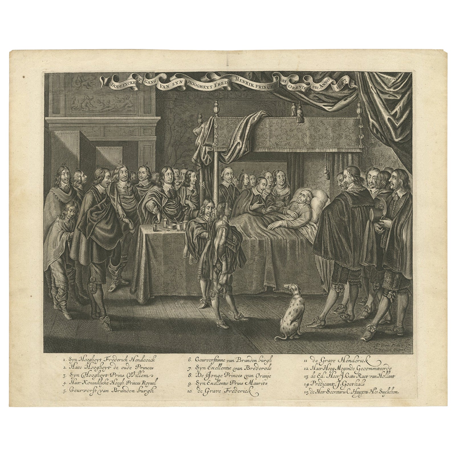 Grabado antiguo de Federico Enrique de Orange en su lecho de muerte, ca.1650