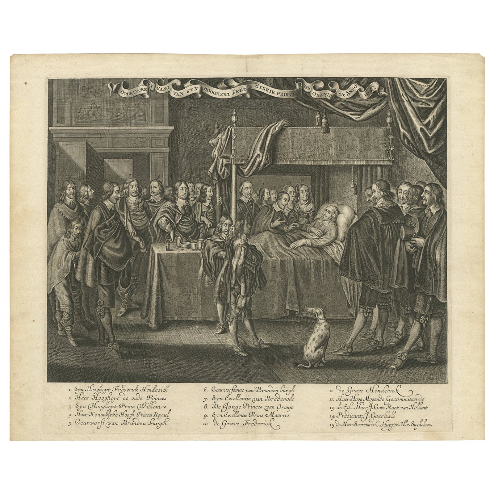 Old Engraving of Frederick Henry of Orange on his Death-bed, ca.1650 For Sale