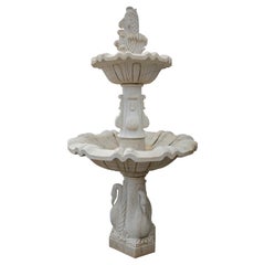 1990s Spanish Hand Carved Veined Carrara White Marble 2-Tier Fountain w/ Fish