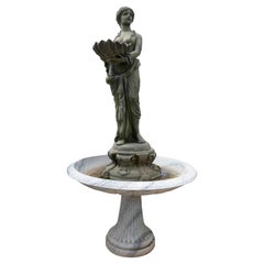 1990s Spanish Hand Carved 1-Tier Pedestal Marble Fountain w/ Bronze Woman Figure