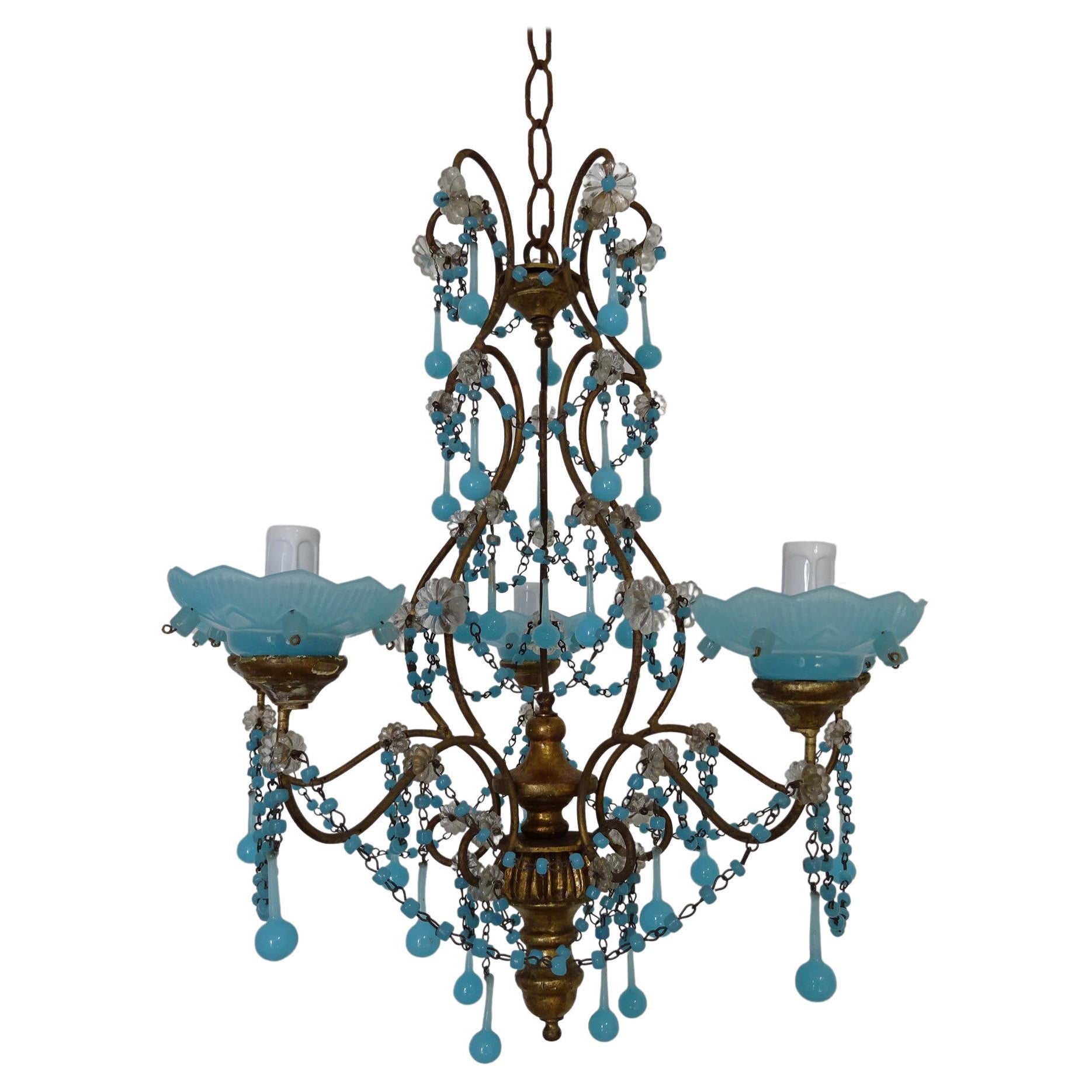 French Murano Blue Bobeches Drops & Beads Opaline Beaded Chandelier, circa 1920 For Sale