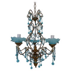 Antique French Murano Blue Bobeches Drops & Beads Opaline Beaded Chandelier, circa 1920