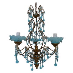 French Murano Blue Bobeches Drops & Beads Opaline Beaded Chandelier, circa 1920