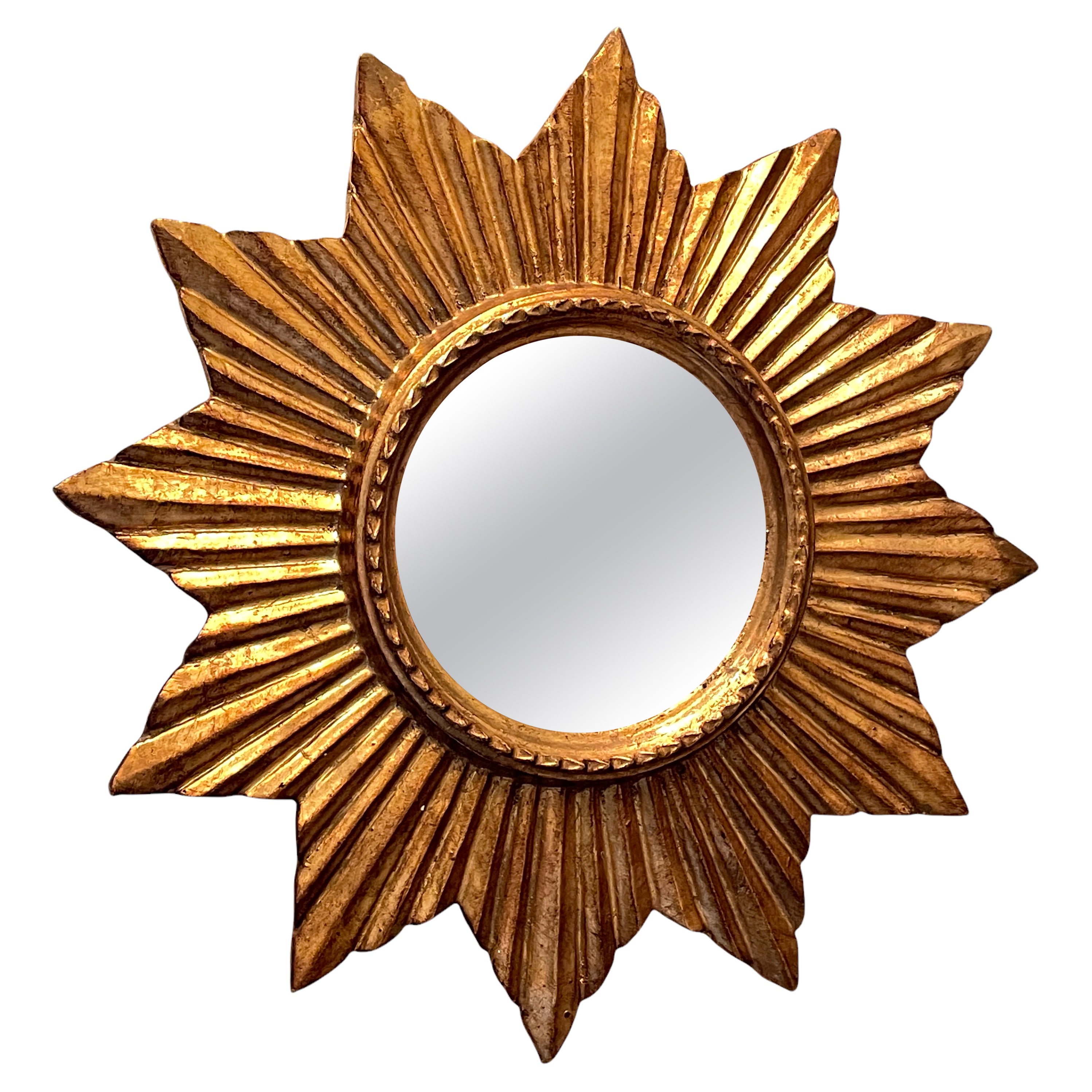 Petite French Starburst Sunburst Gilded Wood Mirror, circa 1950s For Sale