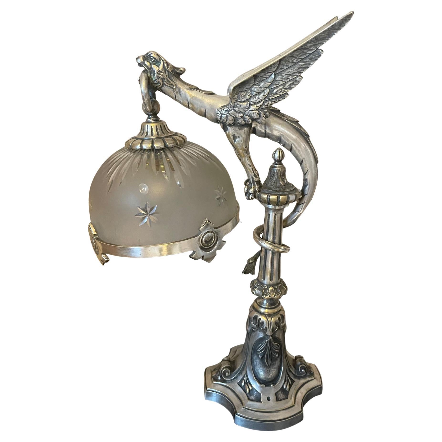 Französische Jugendstil-Tischlampe aus Bronze und Glas aus dem 20. Jahrhundert