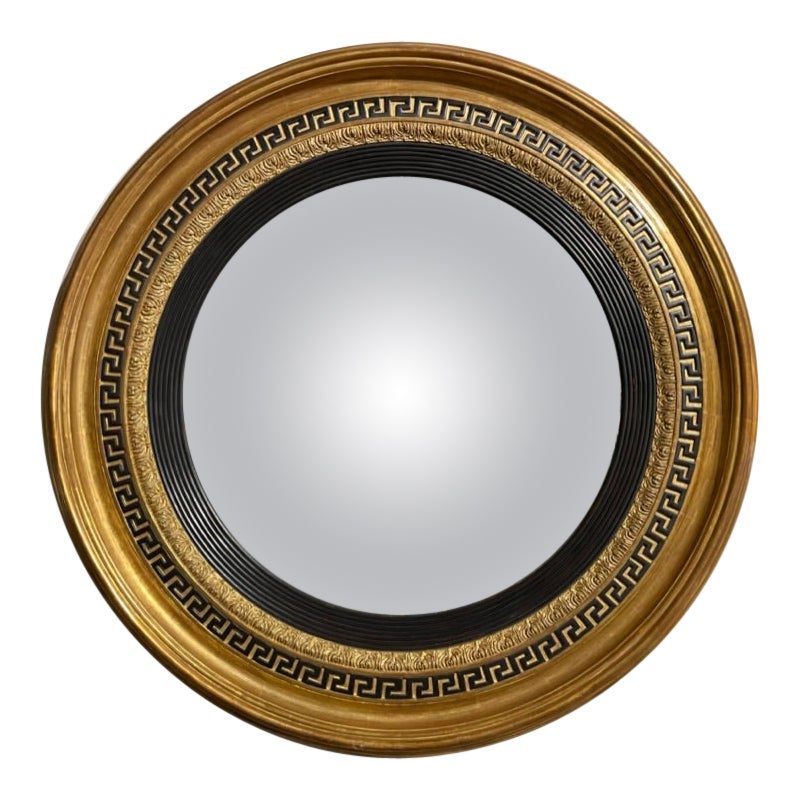 Regency Style Ebonized Gilt Wood Convex Mirror with Greek Key Molding