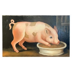 Antique 19th Century Oil on Canvas Portrait of a Pig
