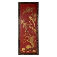Chinese Red Lacquer and Gilt Panel with Bird in a Tree, Black and Gilt Frame