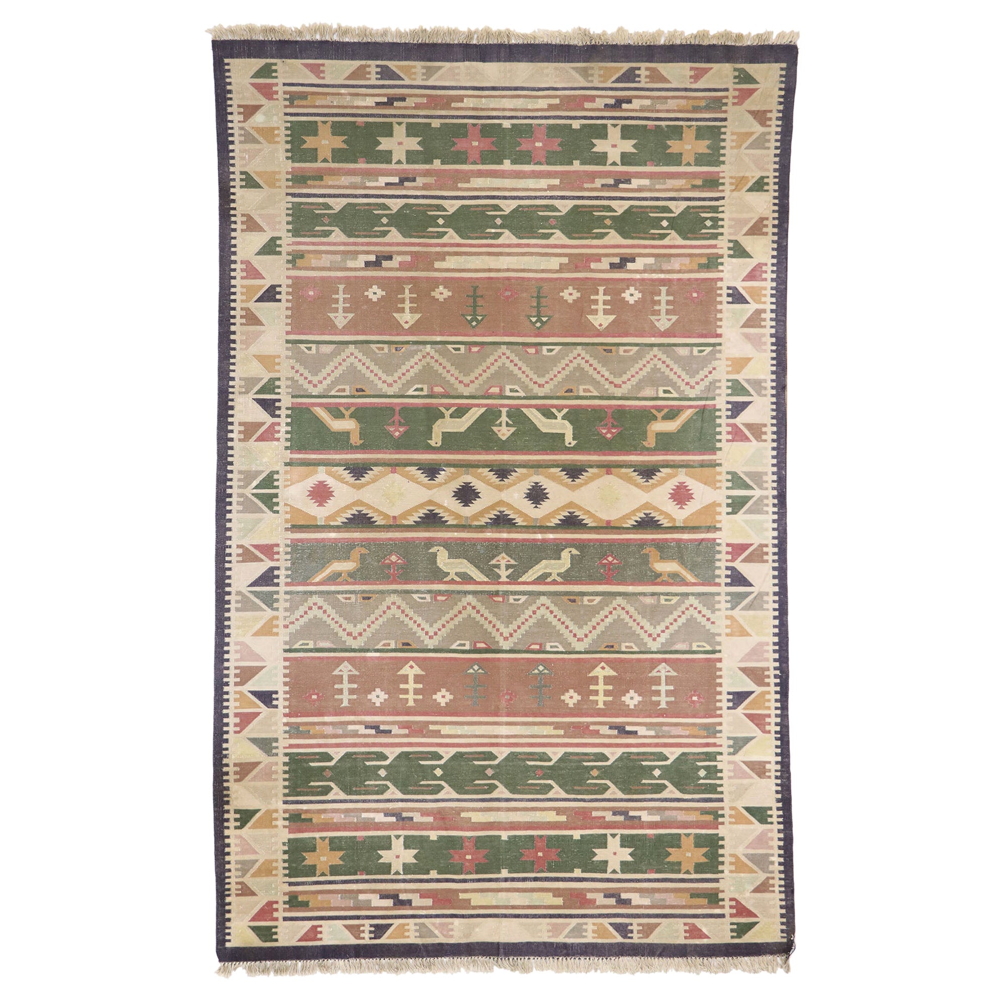 Indischer Dhurrie-Teppich aus Stein mit Volkskunst-Stil, Vintage