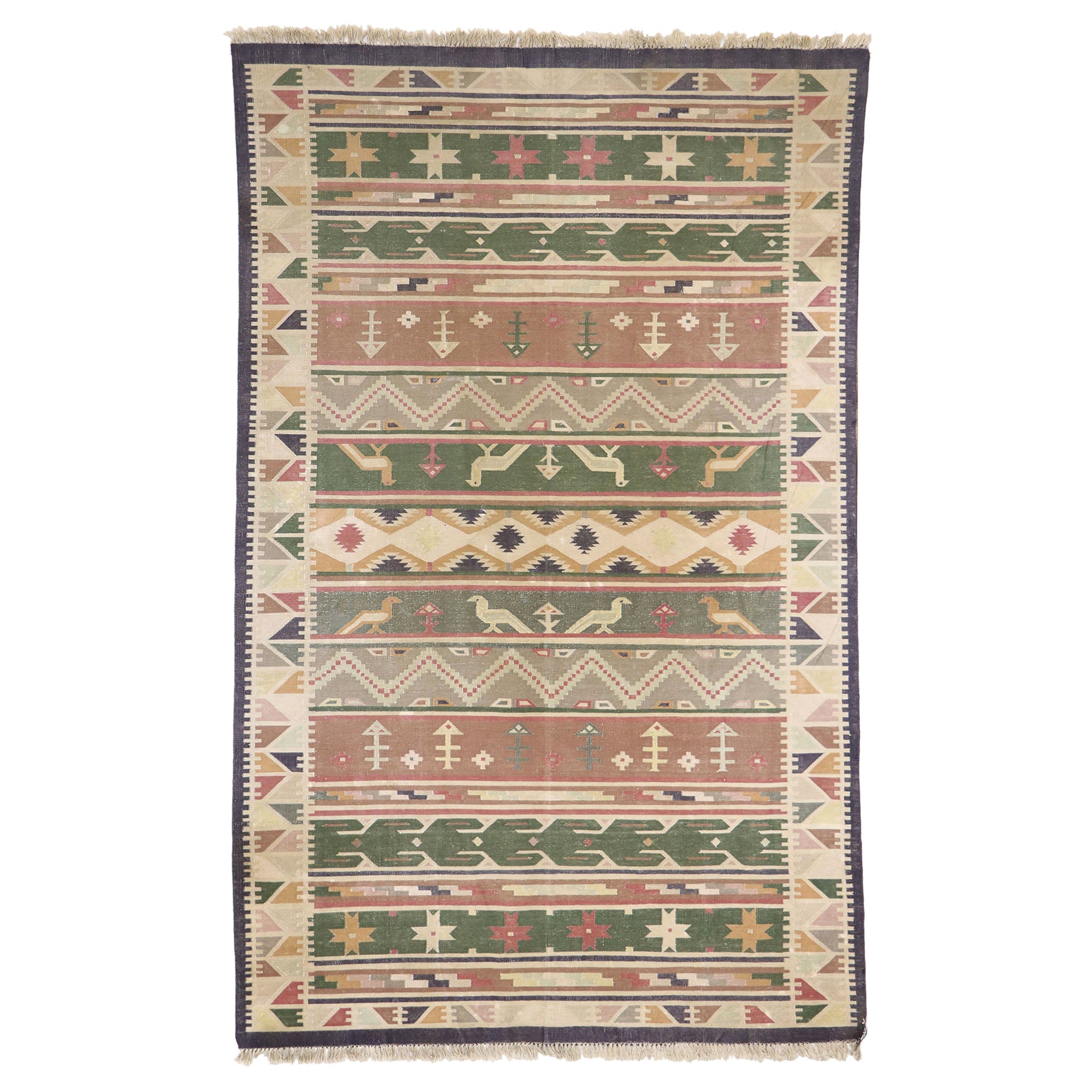 Vintage Indian Stone Wash Dhurrie Rug with Folk Art Style