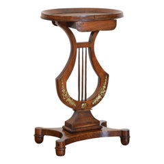 Italian Walnut & Brass Neoclassical Period Lyre Shaped 1-Drawer Table, 19th Cen.