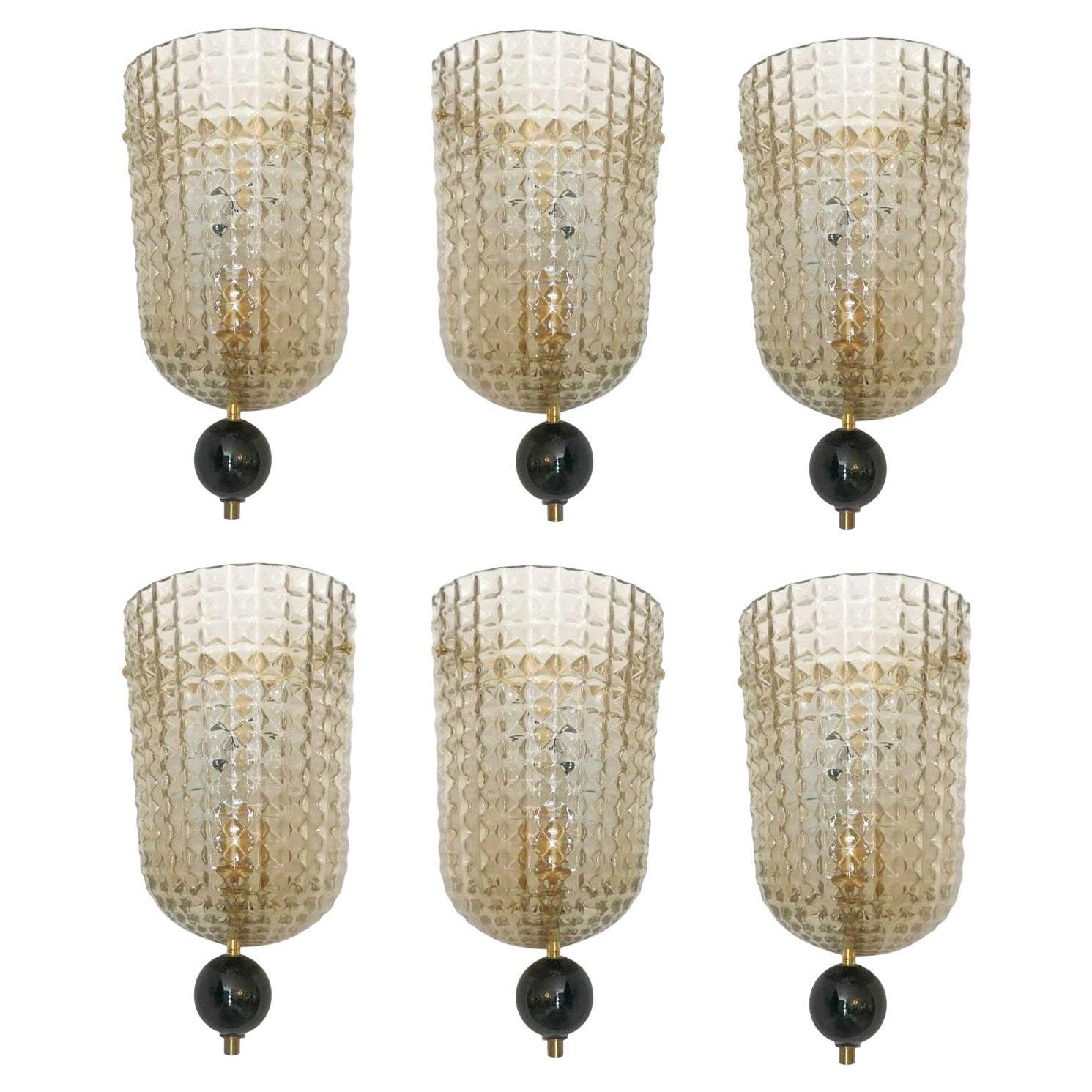 Set of Six Art Deco Style Murano Glass Demi-Lune Wall Lights Sconces, in Stock