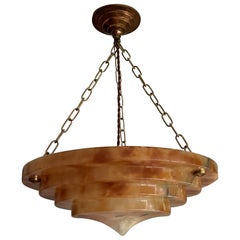 Pure Art Deco Alabaster Pendant Light w. Matching Copper Canopy & Bronzed Chain