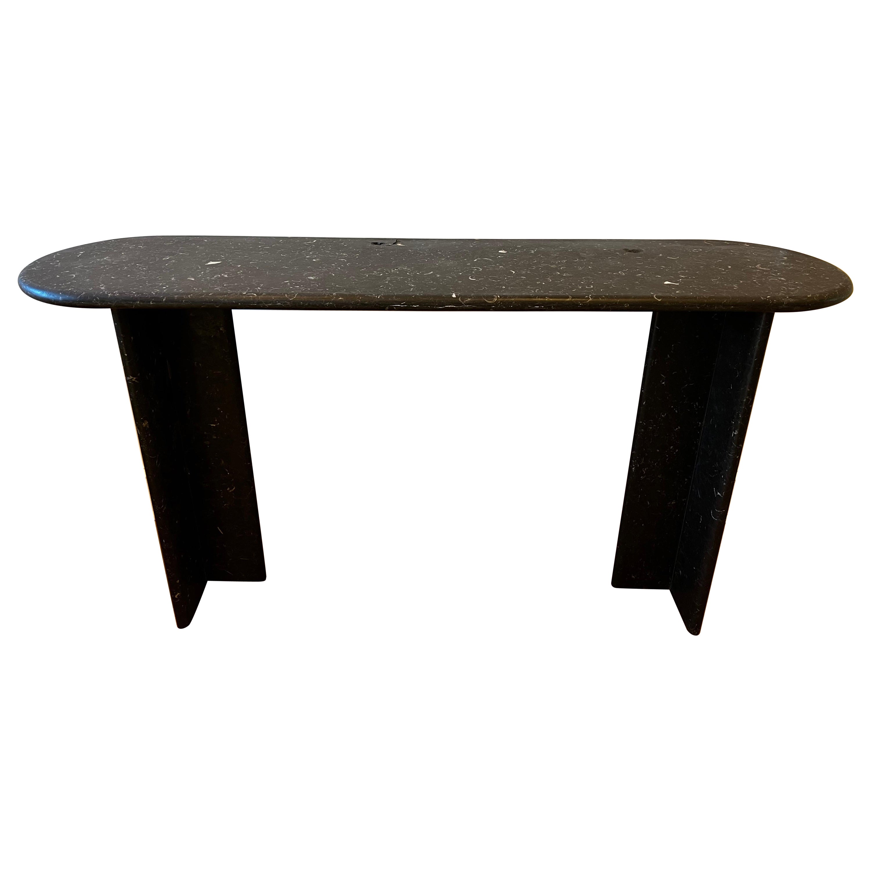 Vintage Mid Century Modern Curved Black Marble Console/Entry Table For Sale