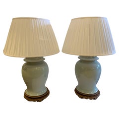 Monumental Pair of Fine Celadon Ginger Jar Lamps with New Pleated Shades