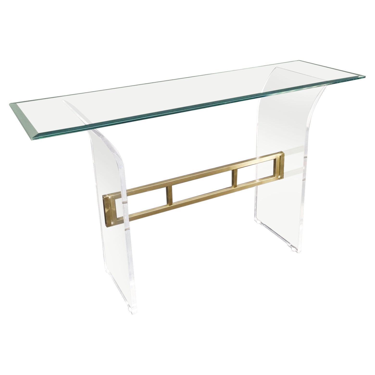 Lucite & Brass Base Glass Top Console Sofa Table Mid-Century Modern Mint For Sale