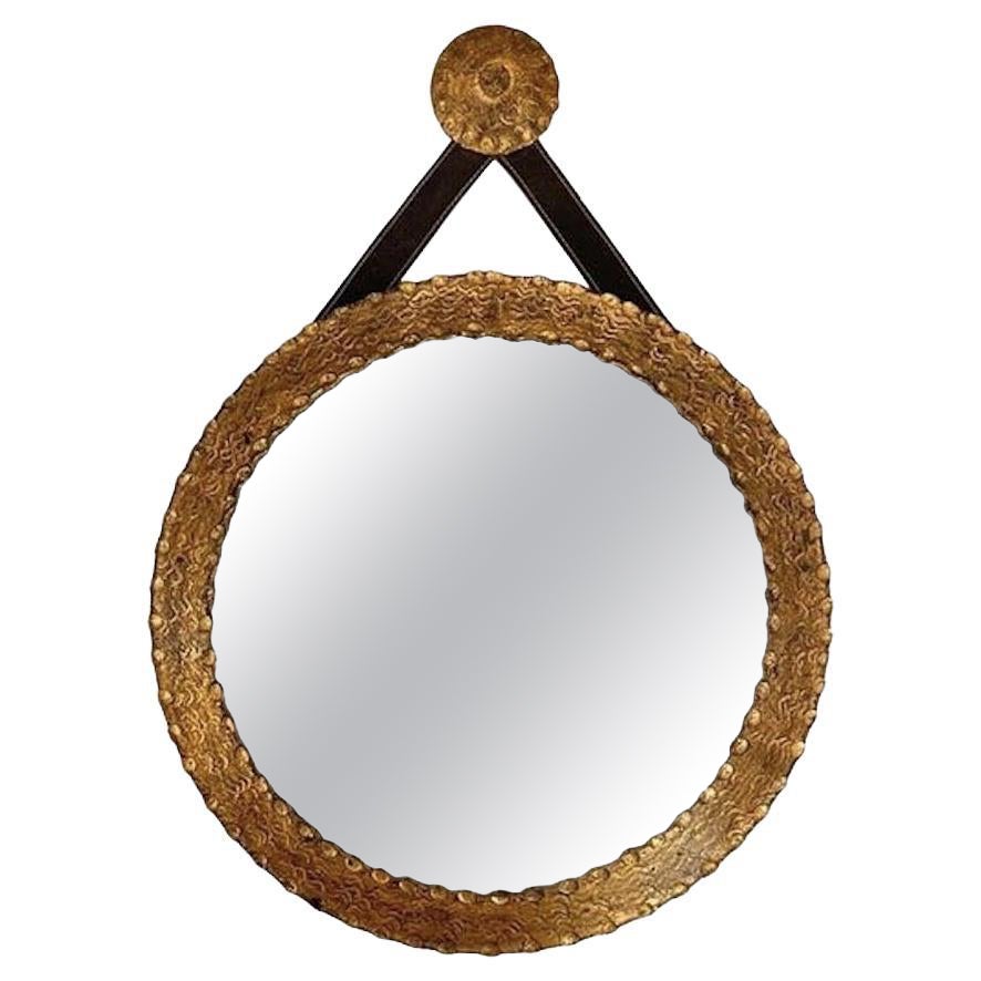 Round Gold Gilt Mirror with Faux Leather Strap, Spain, 1950s