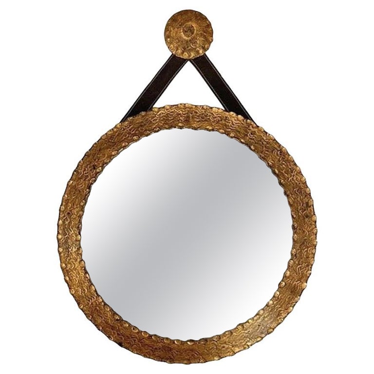 Round Gold Gilt Mirror With Faux, Round Mirror Leather Strap Gold
