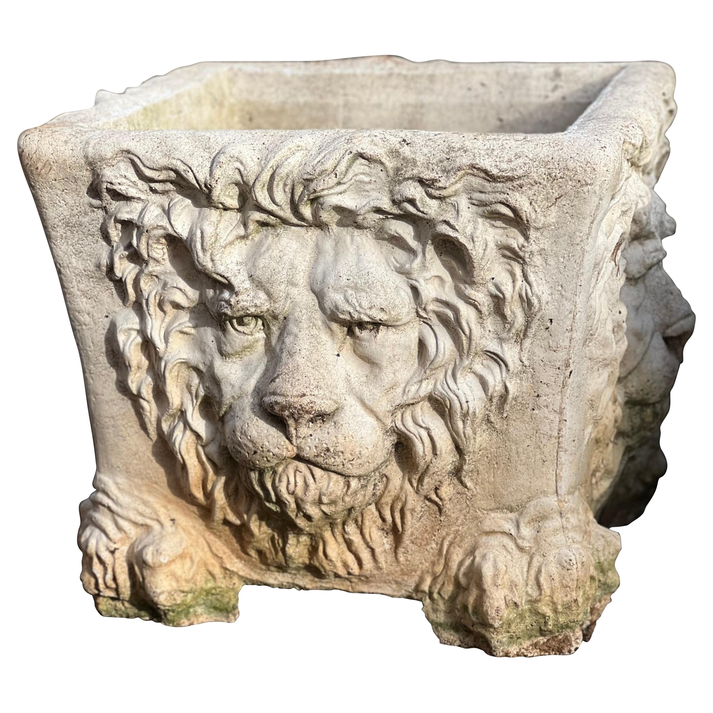 Vintage Single Cast Stone Lion Planter For Sale