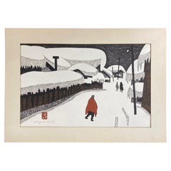 Kiyoshi Saito Signed Sealed Japanese Woodblock Print Winter In Aizu The Red Coat