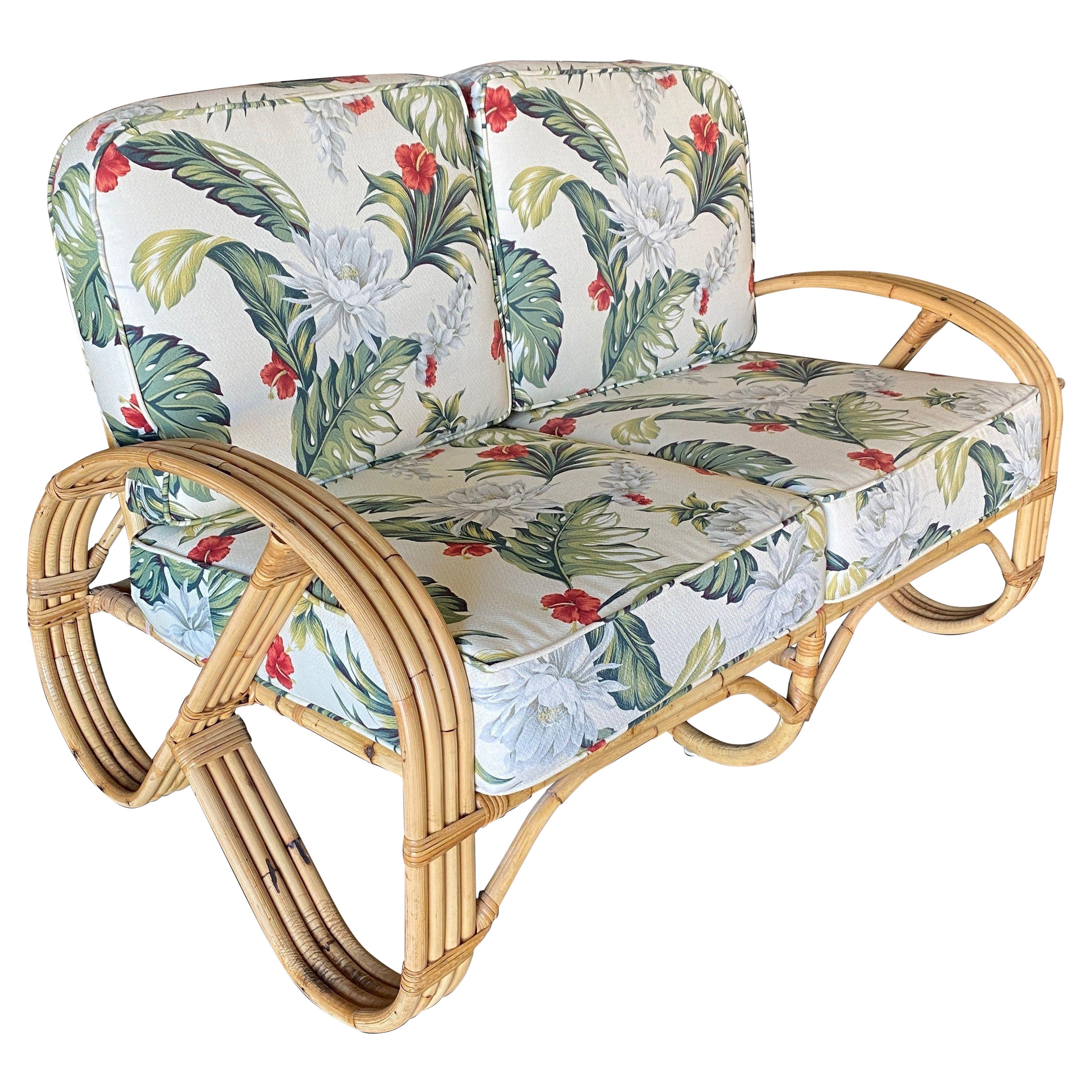 Settee in rattan pretzel rotondo a 4 fili restaurato