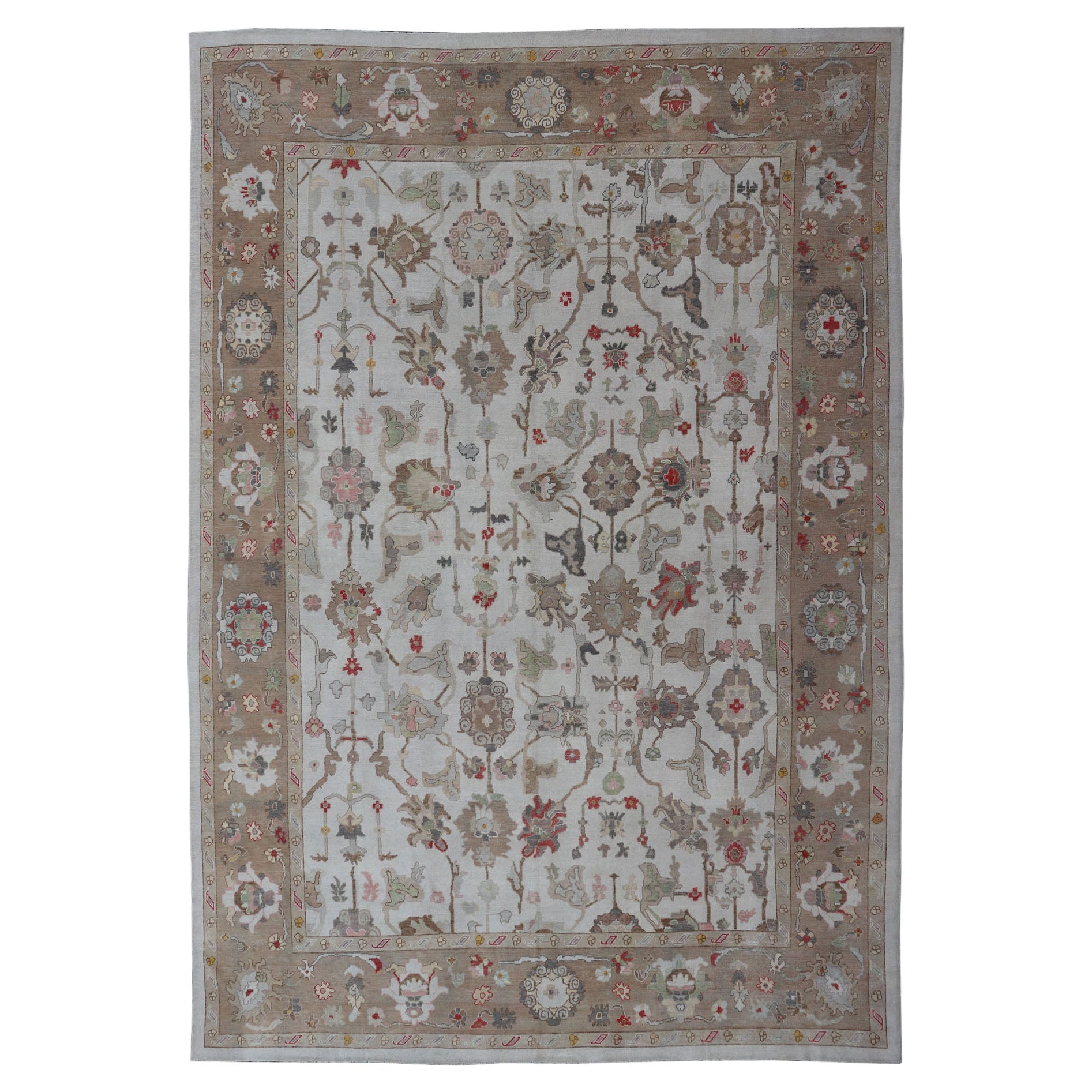 Hand Knotted Oushak Turkish Rug with Large Scale Sub Geometric Design For Sale