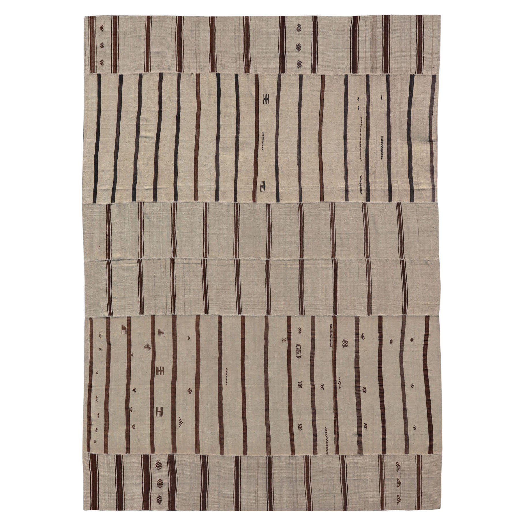 Large Vintage Neutral Paneled Kilim Flat-Weave in Neutral Tones of Cream & Brown