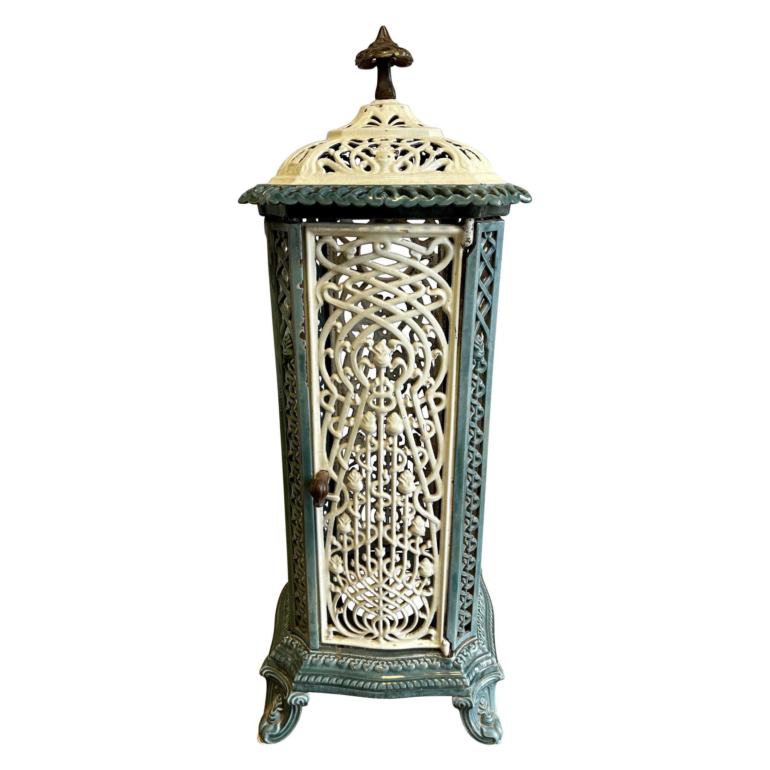 Antique European Art Nouveau Belgian Cast Iron and Enamel Stove Heater