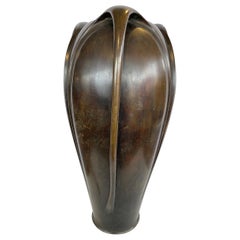 Antique Japanese Art Nouveau Patinated Bronze Tall Vase Vessel Tri-Handled