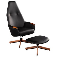 Mid-Century Modern Black Leather Office Chair with Stool by Adrian Pearsall