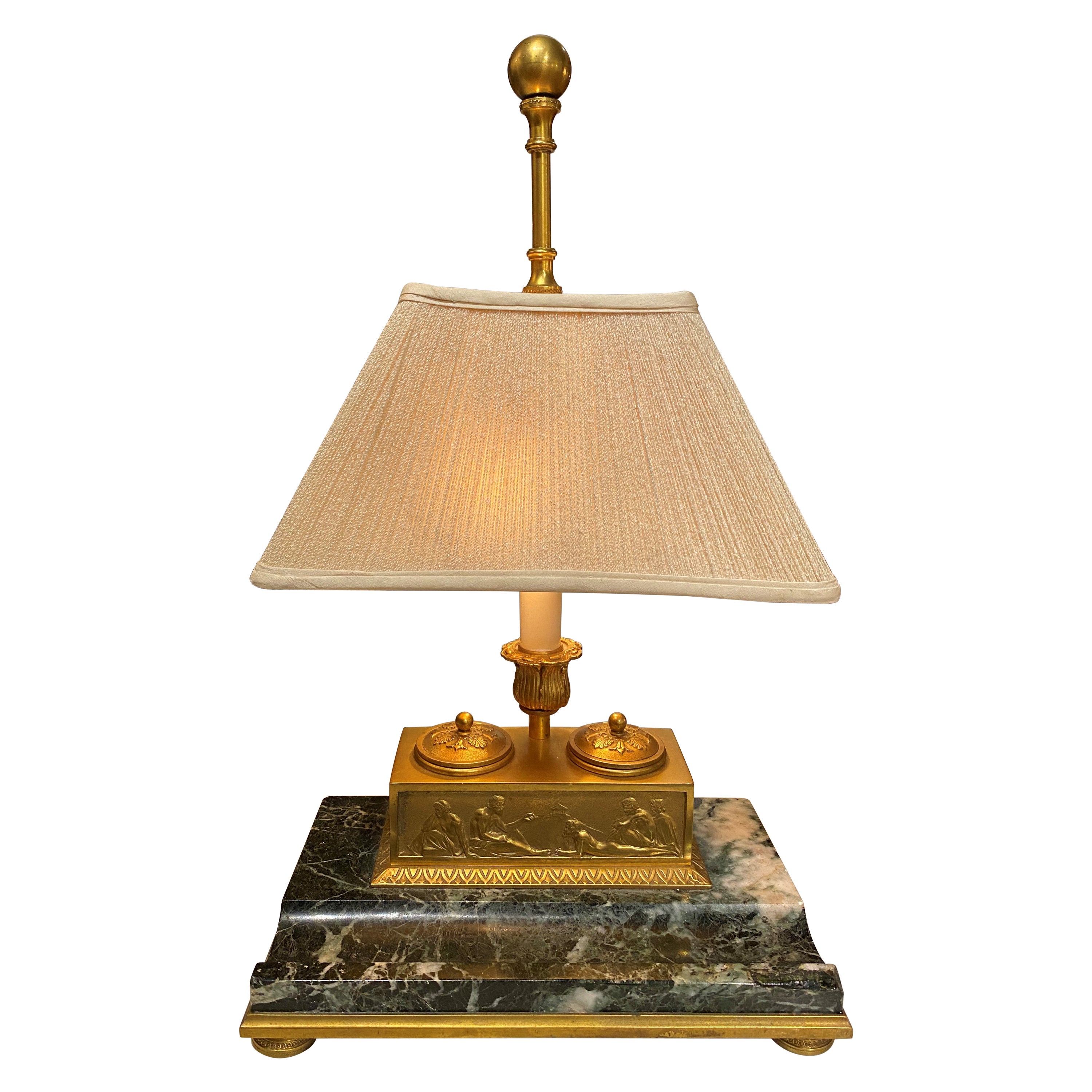 19th Century French Gilt Bronze Bouillotte Lamp with Inkwell & Marble Base