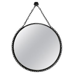 Brutalist Mid-Century Design Wall Mirror with Wrought Iron Frame and Chain