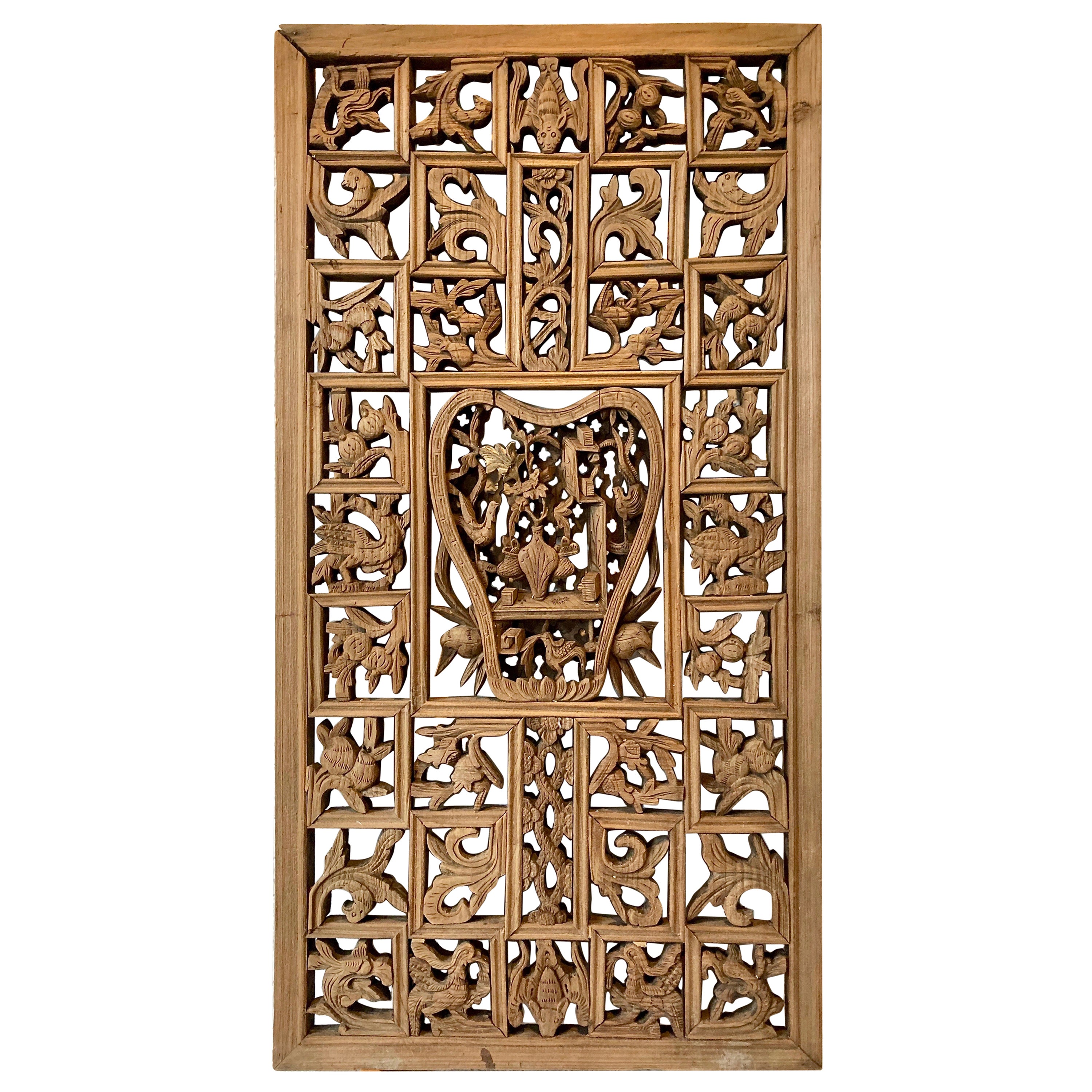 Chinese Decorative Lattice + Carved Wood Panel For Sale