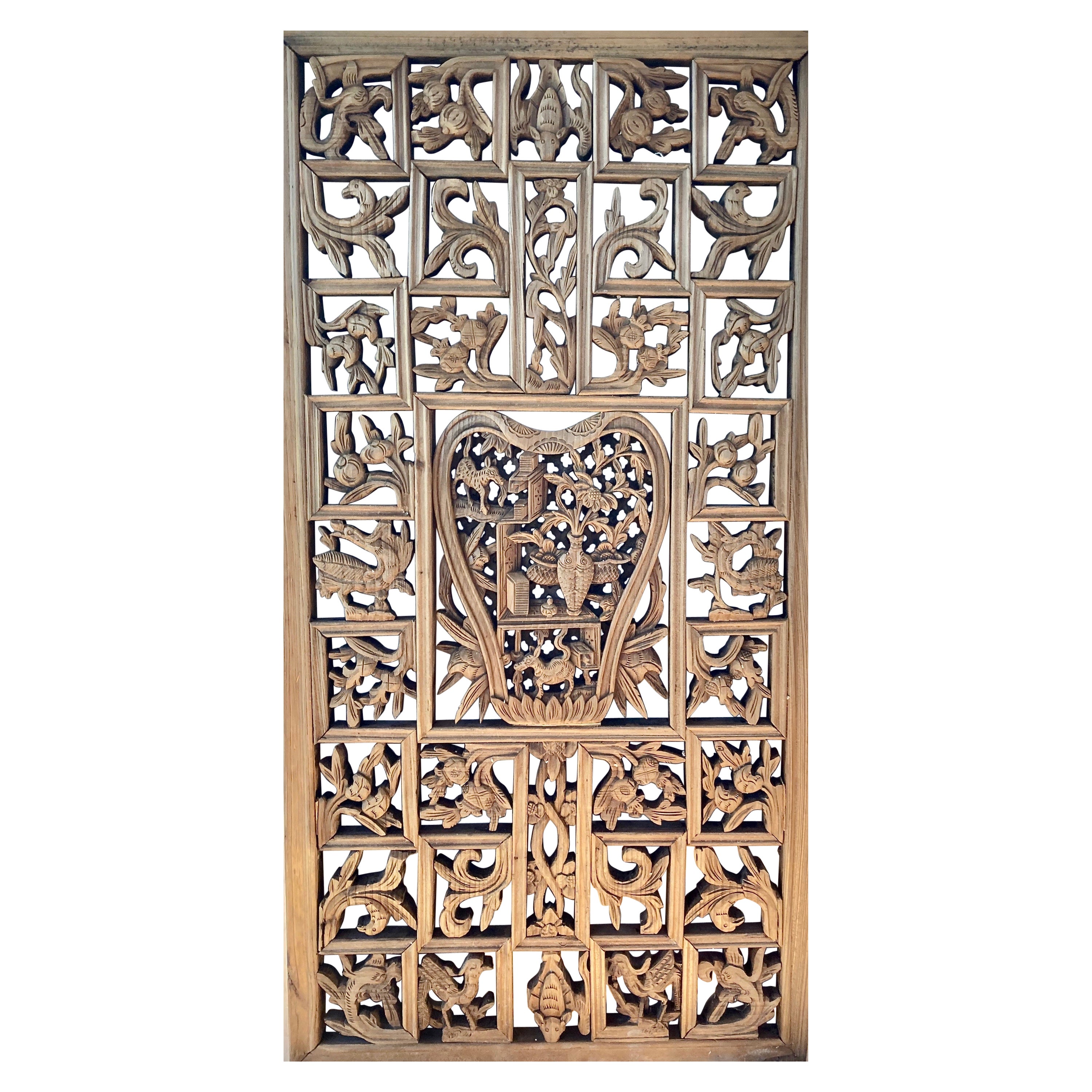 Chinese Decorative Lattice + Carved Wood Panel For Sale