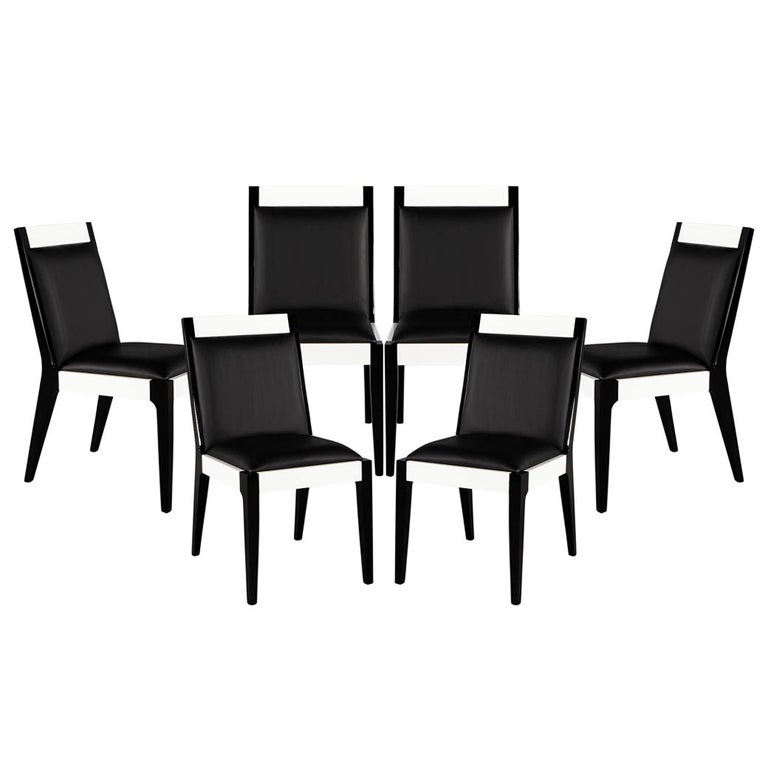 Set of 6 Custom Modern Black and White Leather Dining Chairs by