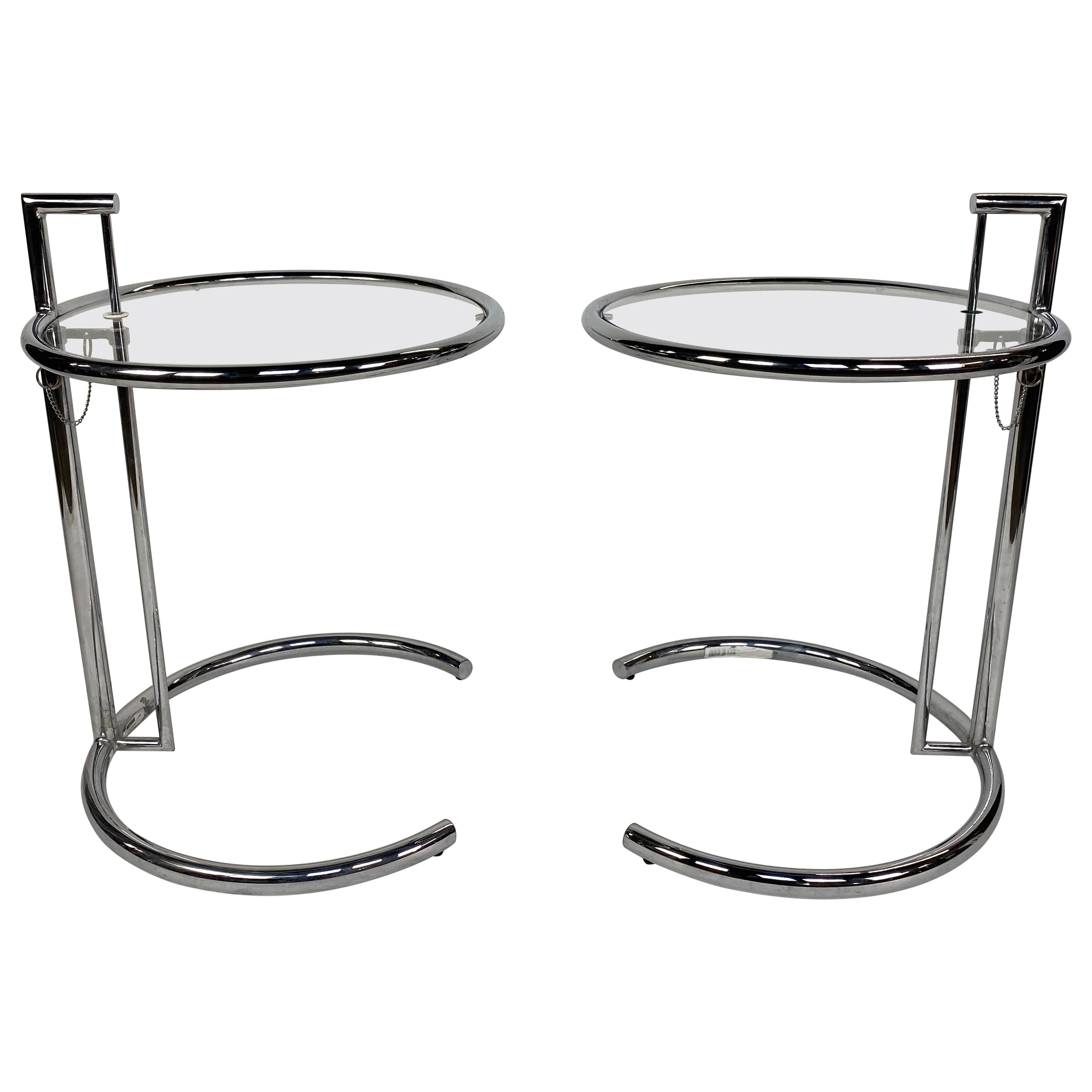 Pair of Chrome Tube Adjustable Height End Tables in the Style of Eileen Gray