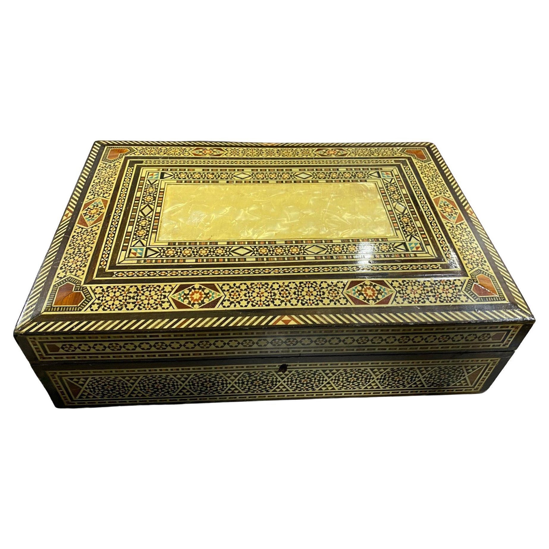 Moroccan Moorish Middle Eastern Large Inlaid Wood Micro Mosaic Jewelry Box For Sale