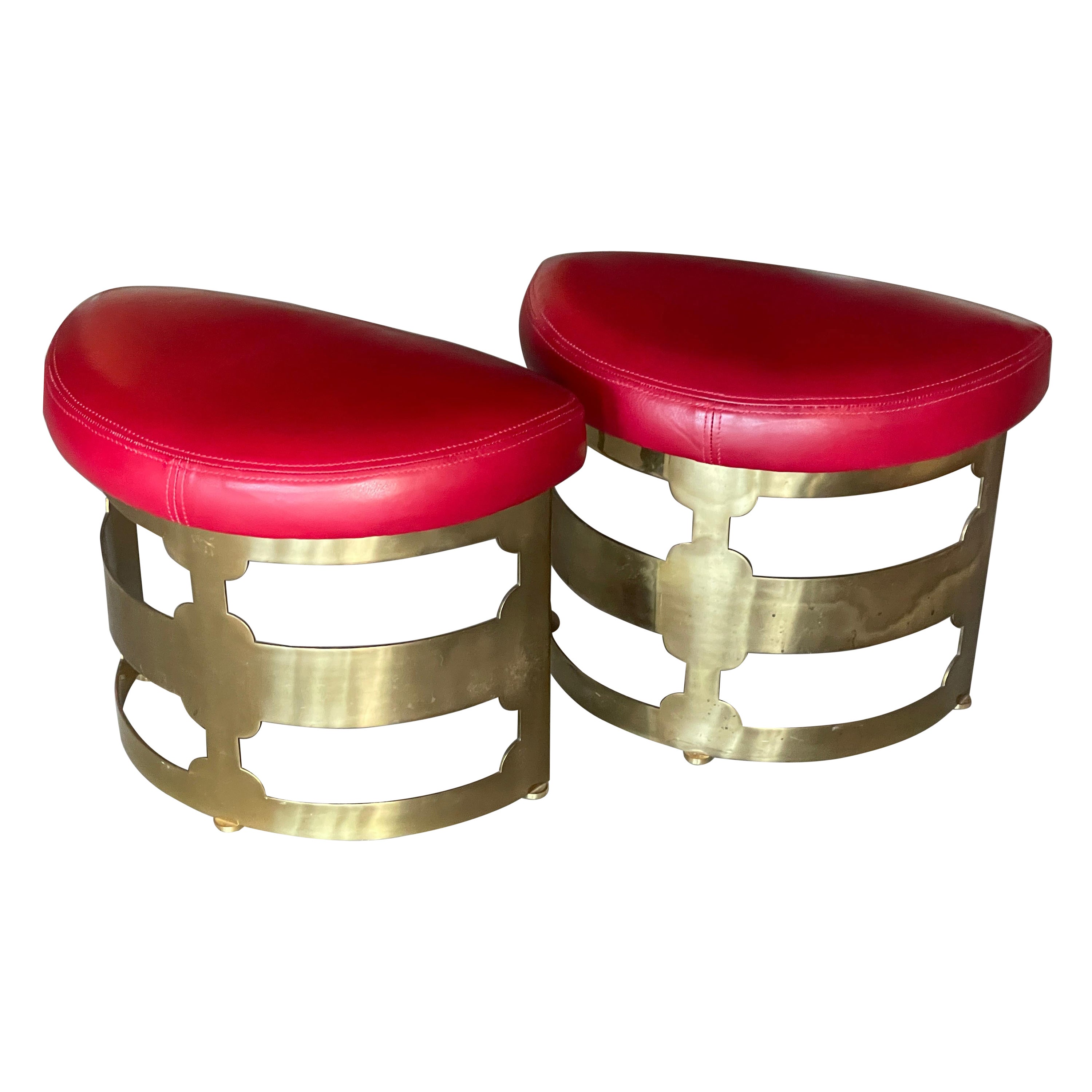 Brass and Red Leather Footstool Ottomans